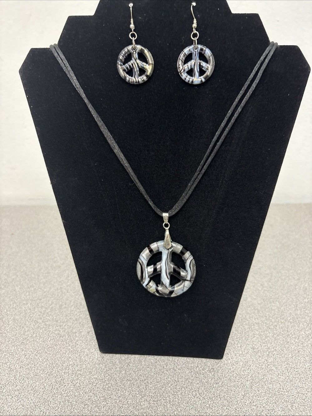 Vintage Jewelry Murano Style Art Foil Glass PEACE SIGN, 21” Black Cord, Earrings